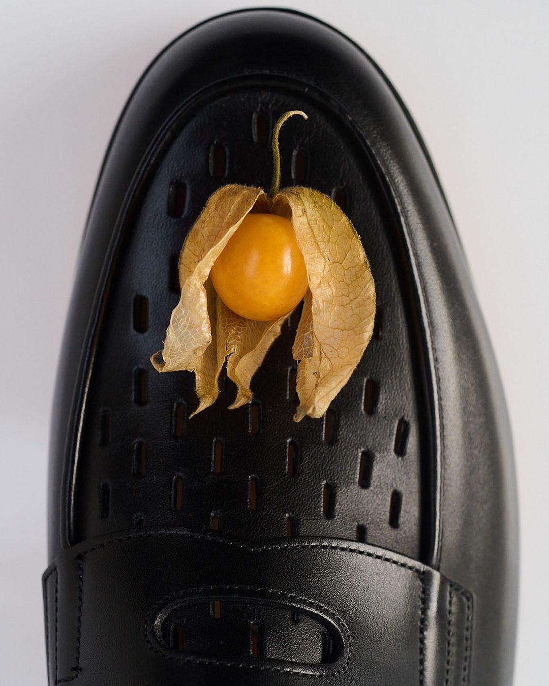 Studio shot: A black leather dress shoe is prominently displayed with a golden physalis fruit on top, set against a bright background.