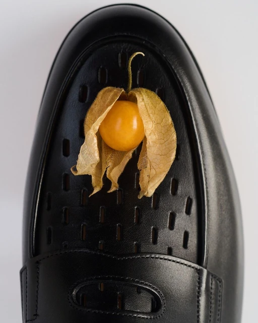 Studio shot: A black leather dress shoe is prominently displayed with a golden physalis fruit on top, set against a bright background.