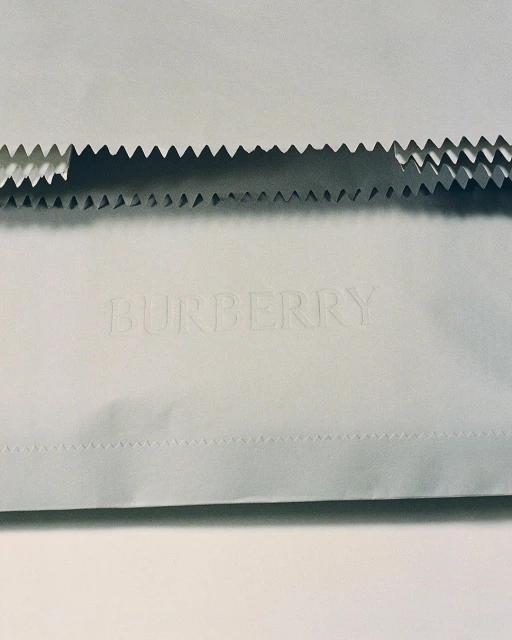 Minimalist shot of textured Burberry paper with jagged edges, showcasing the brand's name embossed on the surface and paper art.
