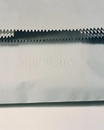 Minimalist shot of textured Burberry paper with jagged edges, showcasing the brand's name embossed on the surface and paper art.
