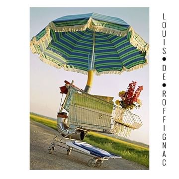 Whimsical shopping cart art installation featuring a striped parasol, flowers, and repurposed materials on an open road.