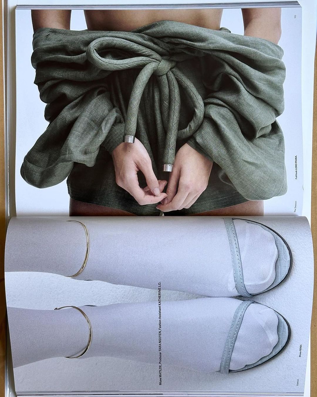 Fashion editorial featuring a woman draped in a green knit garment and sandals, set against a white background, captured in a magazine layout.