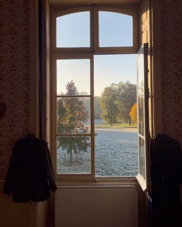 View through an open window overlooking an outdoor field with trees and vegetation on a sunny day, with a coat hanging inside.