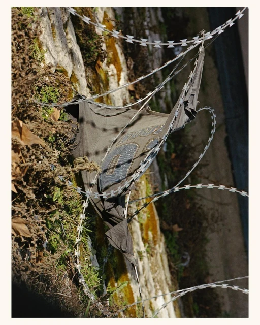 Lost olive-green t-shirt snagged on barbed wire atop a lichen-covered stone wall outdoors on a sunny day, creating an unsettling image.