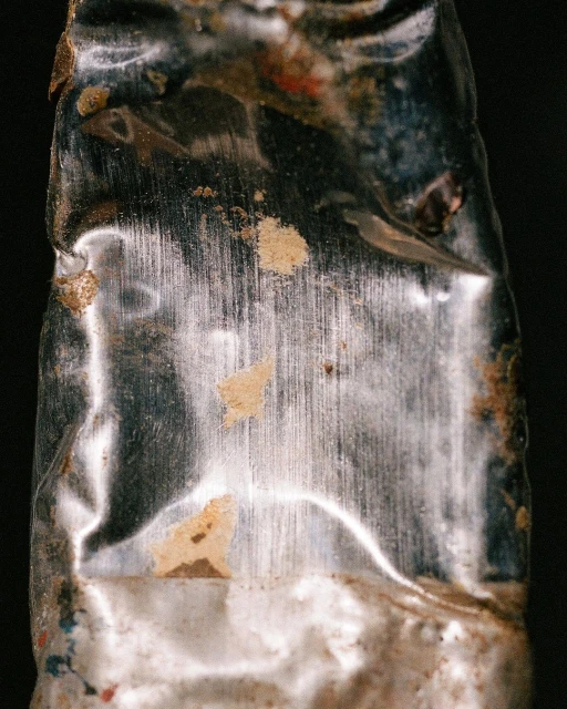 Close-up studio shot of a weathered, metallic tube, featuring scratches and traces of ochre and red paint against a dark backdrop.