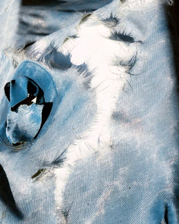 Close-up of distressed denim textile featuring rips and tears against a bright white backdrop, highlighting texture and damage.