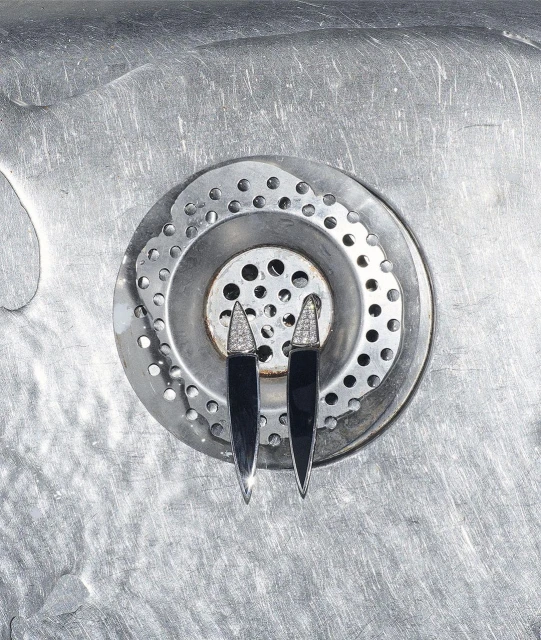 Close-up of two black and silver earrings with diamond accents placed on a stainless-steel sink drain in a photo studio setting.