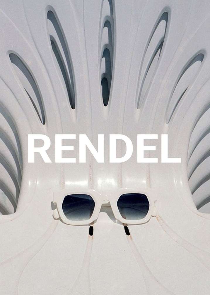 White-framed sunglasses with gradient lenses rest on a textured, curved surface with evenly spaced slots and the word "RENDEL" in white.