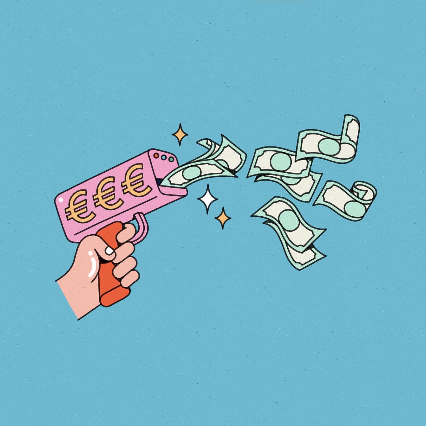Illustration of a hand holding a pink toy gun shooting out euro bills on a blue background with sparkling star accents.