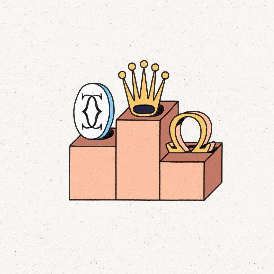 Illustration of a three-tiered platform displaying luxury brand logos, featuring cartoon style and pastel colors, on a beige background.
