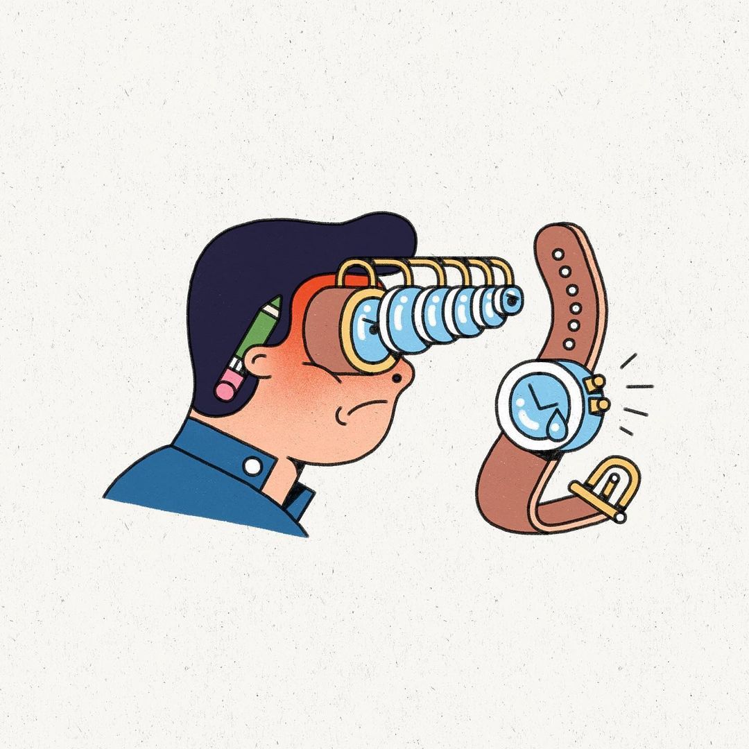 Illustration of a person with a telescope looking at a wristwatch with a dripping water droplet on a white background.