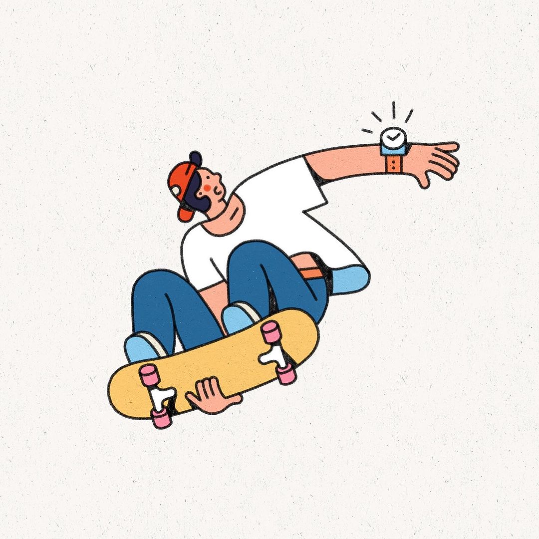 Illustration of a person skateboarding, wearing a baseball cap, white shirt, and a wristwatch, set against a light background.