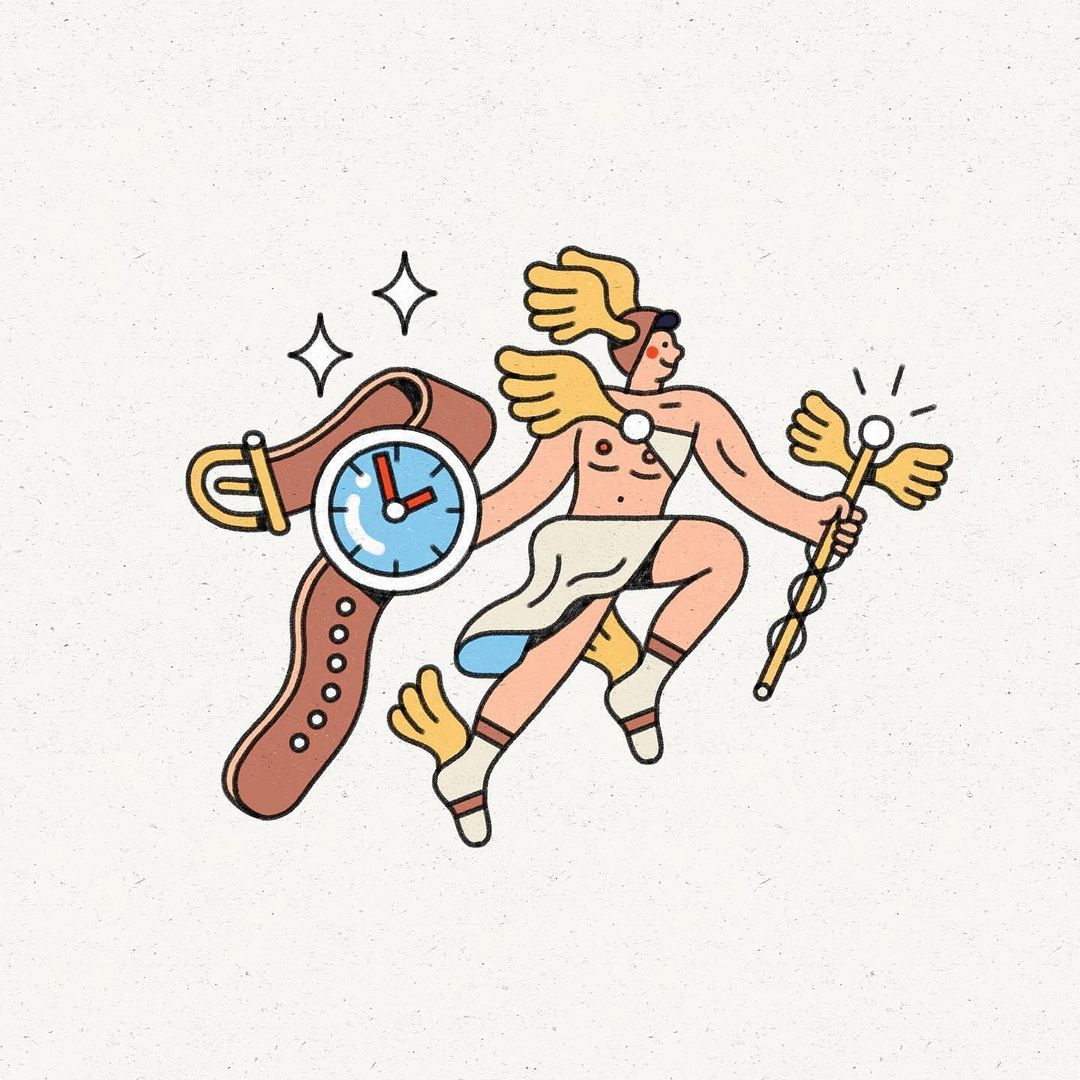 Illustration of a winged man figure holding a staff and running near an oversized wristwatch with shining stars in the background.