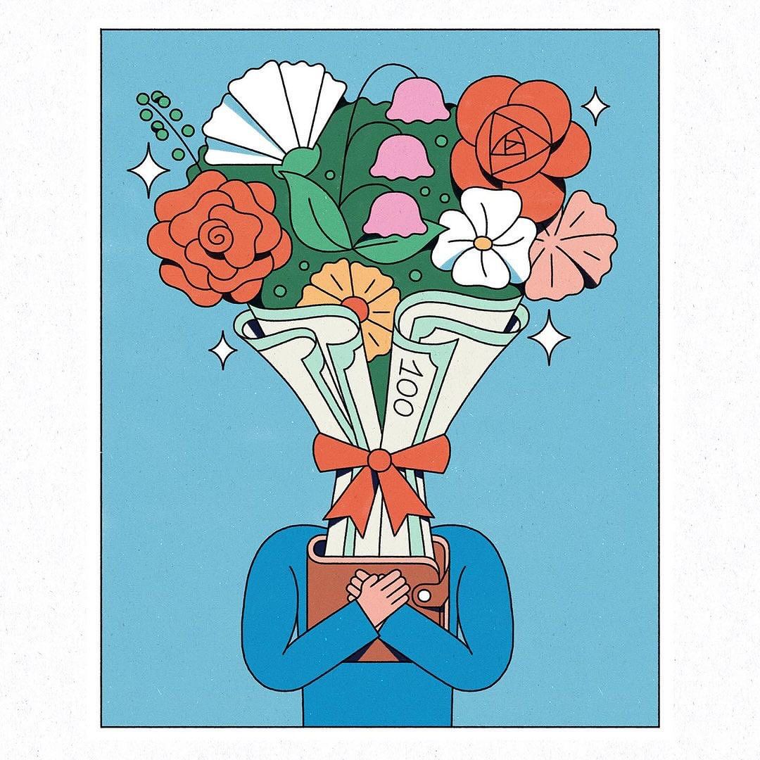 Illustration of a wallet with flowers and money in place of a head. A creative graphic concept with roses and hundred dollar bills.