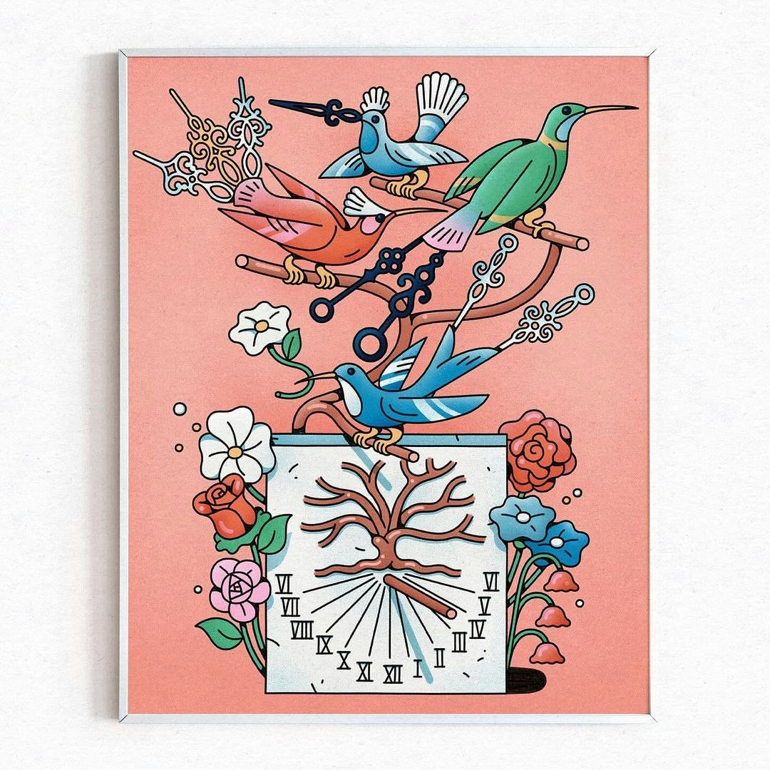 Whimsical framed art print featuring colorful birds perched on branches with clocks, flowers, and a sundial on a salmon-pink backdrop.