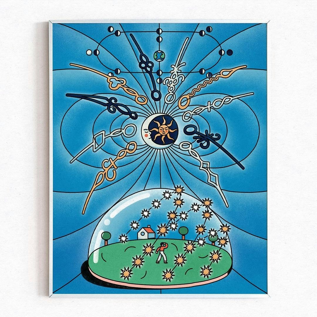 Whimsical illustration features a sun/moon face surrounded by clock hands, and a figure under a dome amidst constellations.
