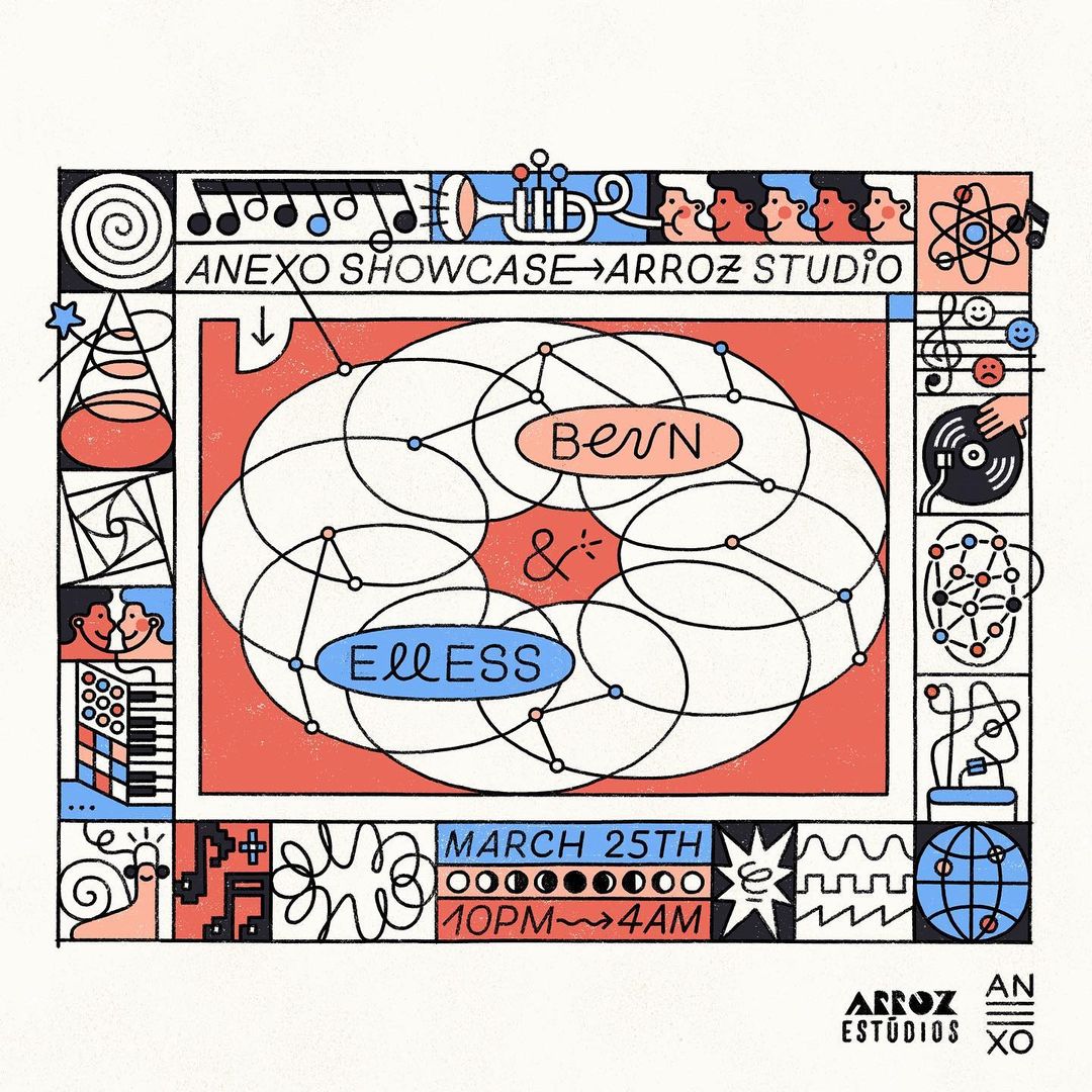 Whimsical event poster illustration for 'Anexo Showcase' at Arroz Studio, featuring interconnected network design, geometric shapes, and vibrant colors.