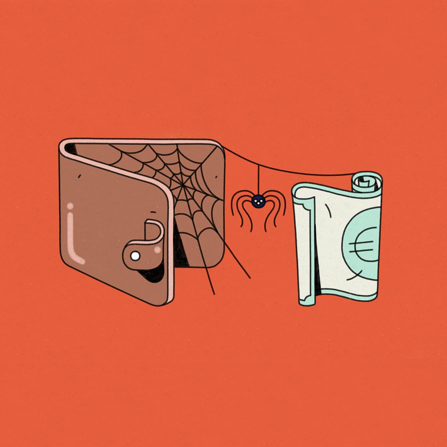 Illustration of an open wallet with cobwebs, a spider hanging from cobwebs, and a euro bill on a vibrant orange background.