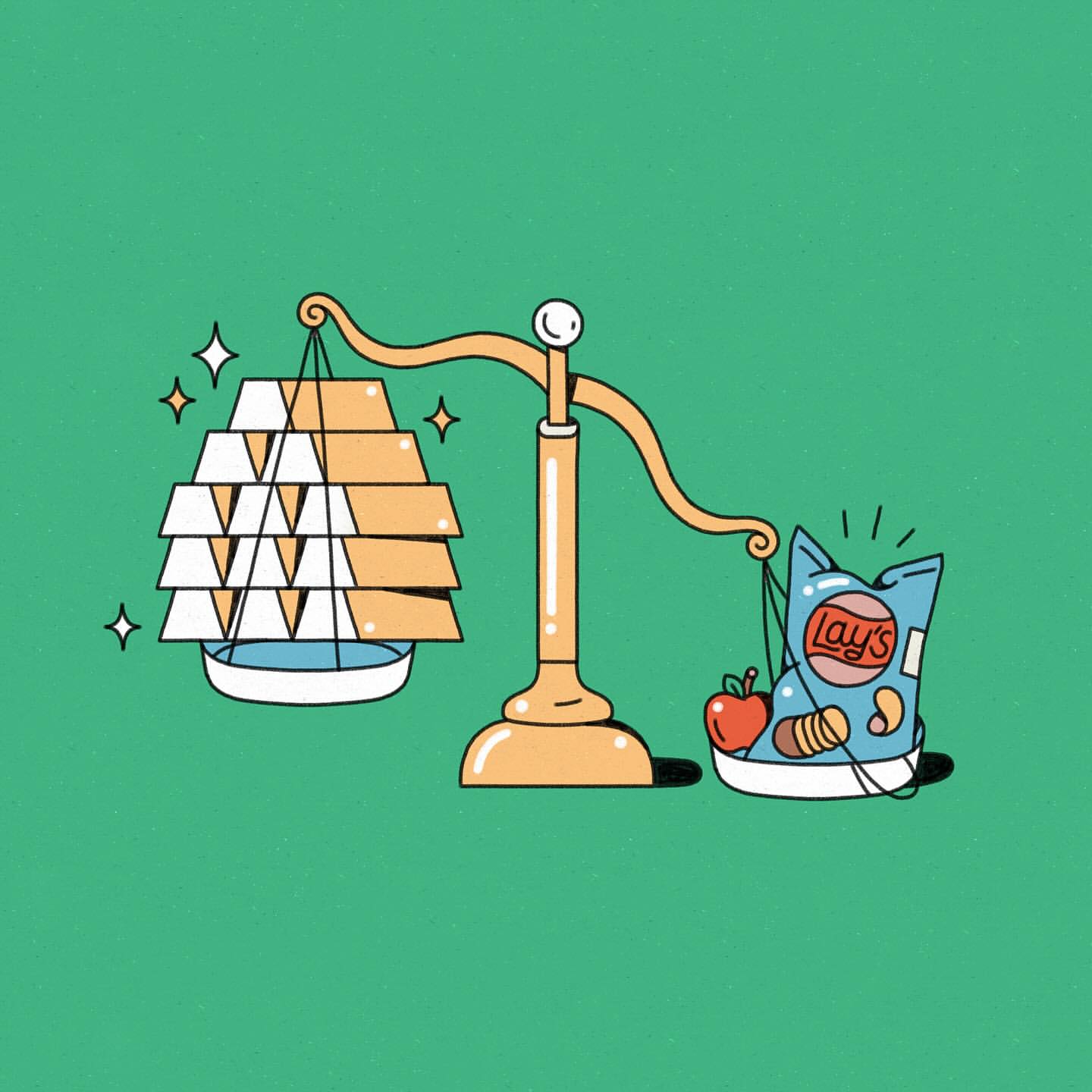 Illustration of a balance scale with gold bars on one side and a bag of potato chips with an apple on the other, set against green.