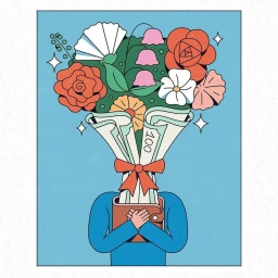 Illustration of a person with a wallet body and a bouquet of flowers and money for a head on a blue background