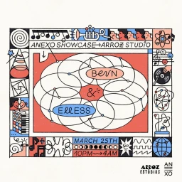 An illustrated poster with a central network diagram frame, musical motifs, and bold text by Louis Otis