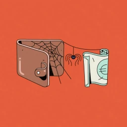Illustration of an empty brown wallet filled with spiderwebs, a small spider hanging by a thread, and a single rolled euro banknote.