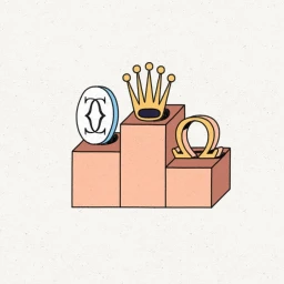 Illustrated awards podium with three distinct luxury brand logos resting on top blocks against a light textured background