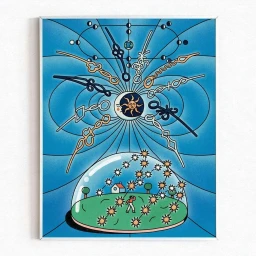 Surreal celestial illustration featuring clock hands radiating from a sun and moon face above a dome enclosing a tiny house and figure.