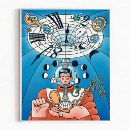 Surreal digital illustration by Louis Otis featuring a person inside a funnel of time surrounded by clocks, planets, and celestial symbols.
