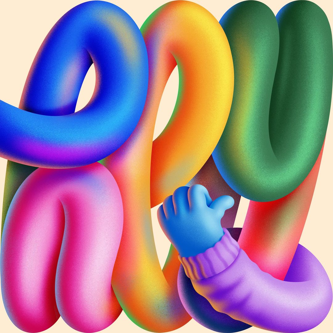 Whimsical 3D render featuring colorful looped forms interwoven with an arm and hand wearing a blue glove and lavender sweater.