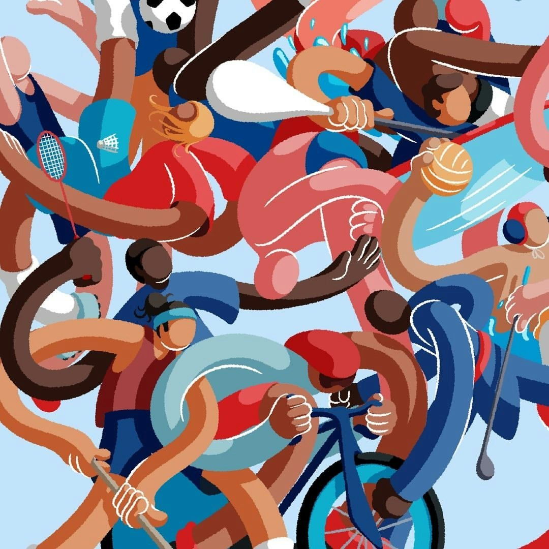 Dynamic illustration of people participating in various sports including cycling, soccer, tennis, and swimming, with a vibrant and colorful design.