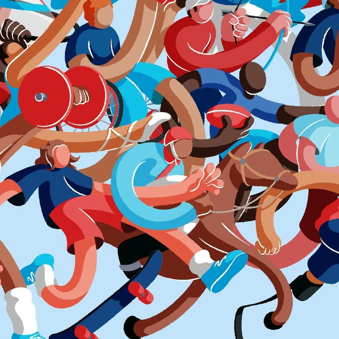 Illustration of various sports figures engaging in activities like weightlifting, horseback riding, skateboarding, and playing rugby on light blue.