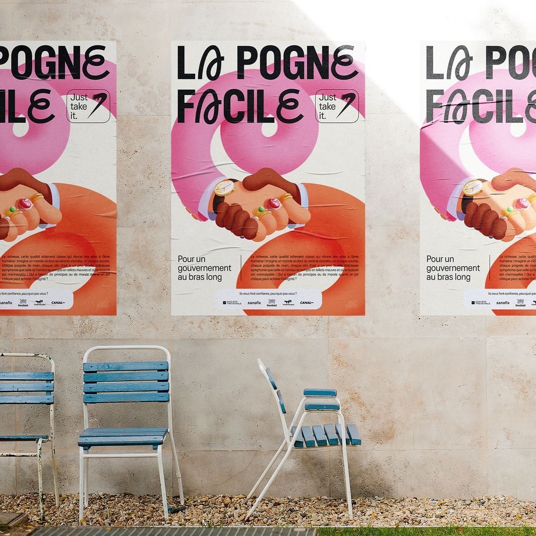 Three posters on a wall depict an illustration of a handshake with rings, an orange arm, and a pink loop against a neutral background.