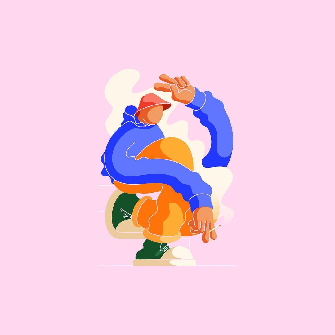 Stylized vector art: person crouching with a smoking cigarette, wearing a red hat, blue jacket, yellow pants against pink background.