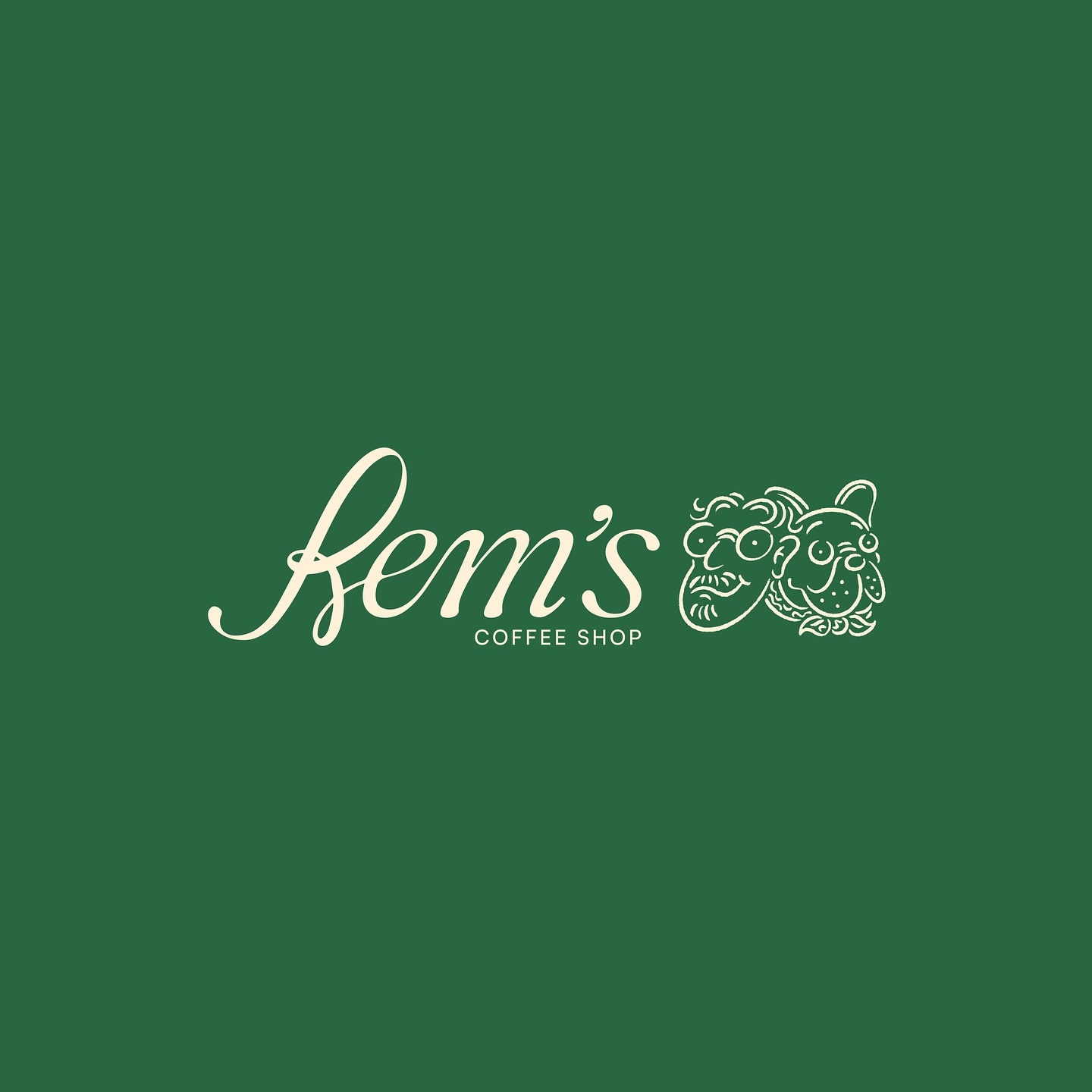 Kem's Coffee Shop logo on a dark green background features a script font and illustrations of two cartoon faces.