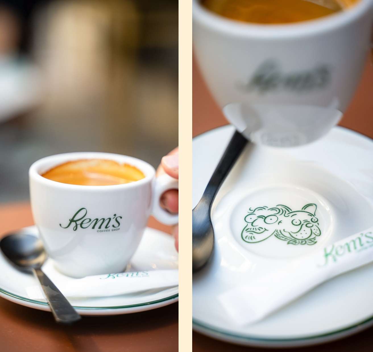 Two cups of espresso, one held in hand, the other on a saucer with a spoon, sugar, and a logo-printed napkin on a brown table.
