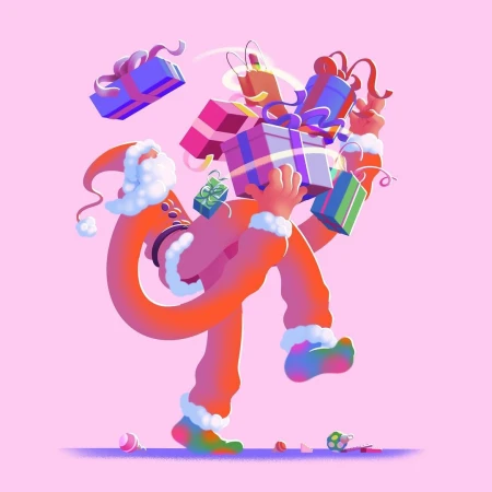 Colorful illustration of a playful Santa Claus juggling and dropping wrapped Christmas gifts on a pink backdrop with scattered ornaments.