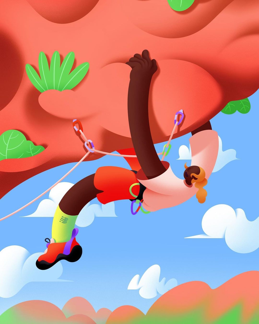 Illustration of a rock climber with a dynamic pose, colorful climbing equipment, and a bright, stylized outdoor setting.