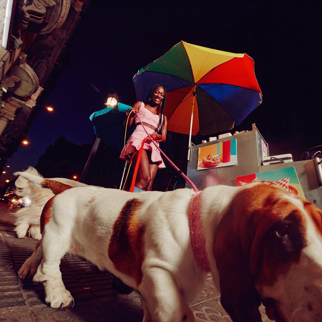 Night scene features a Black woman in a pink outfit walking dogs on leashes next to a street food cart with a colorful umbrella.