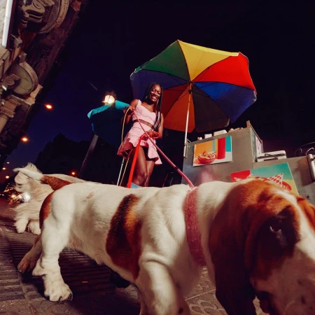 Night scene features a Black woman in a pink outfit walking dogs on leashes next to a street food cart with a colorful umbrella.