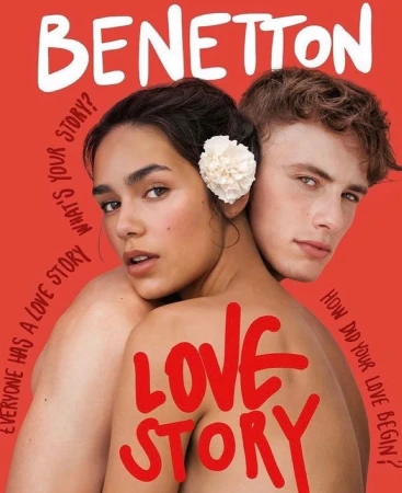 Fashion ad featuring a young couple in a close-up studio shot against a red background, promoting the Benetton brand with text overlay.