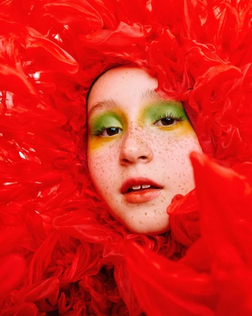 Close-up of a model with green eyeshadow and red floral adornments. Beauty shot with creative makeup and a vibrant, textured floral frame.