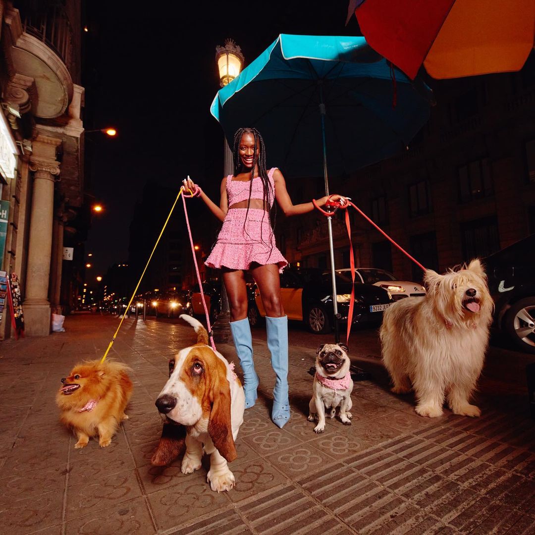 A woman in pink outfit walking four dogs of different breeds on city street at night, featuring an umbrella and dark vehicles.