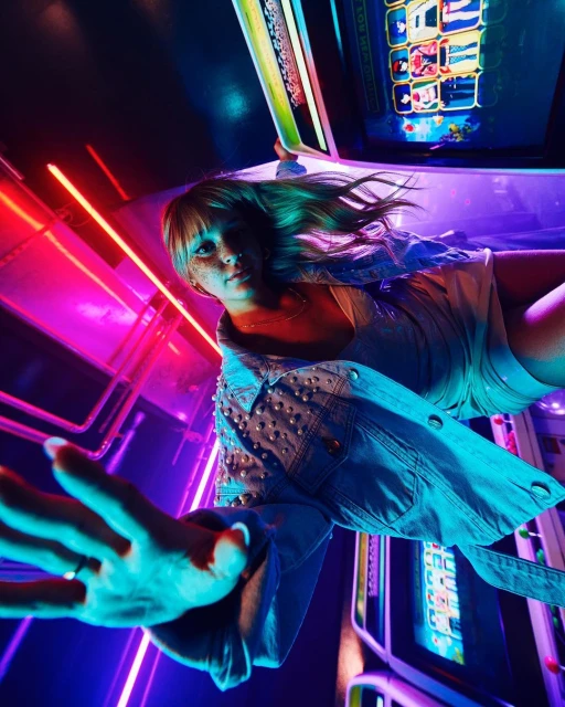 Eye-level shot of a woman in a denim jacket posing in an arcade with vibrant neon lighting and playing slot machines. 