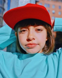 Portrait of a young person wearing a bright red baseball cap and light blue sweatshirt outdoors in New York.