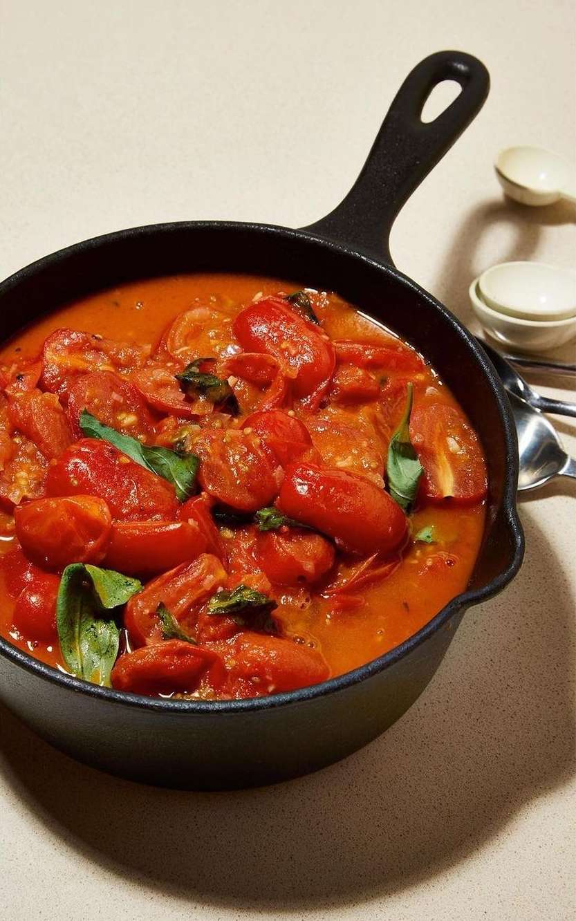 Skillet of tomato sauce with basil leaves, spoons, and small dishes on a light surface with soft light, promoting food photography.