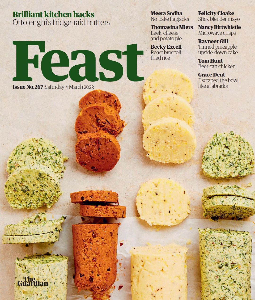 Magazine cover of Feast featuring several round cuts of flavoured butter, in tones of yellow, green, and brown, food and drink concept.