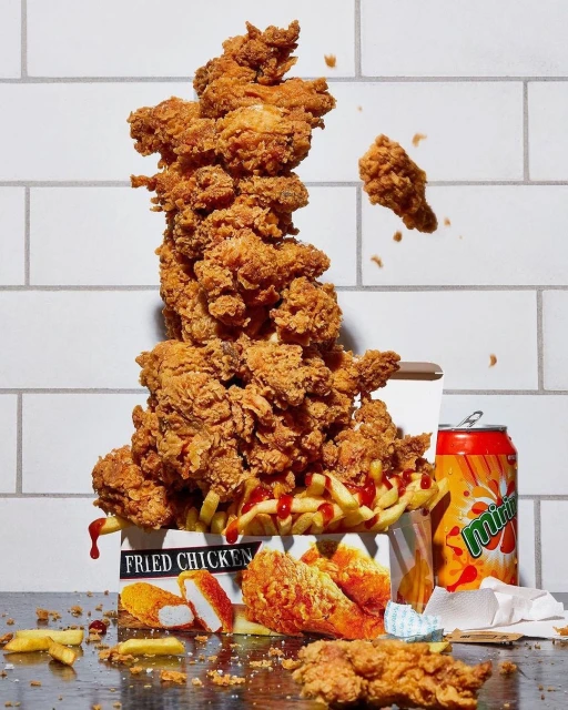 Tower of fried chicken wings and french fries stacked on a box with a soda can, showcasing a culinary indulgence.