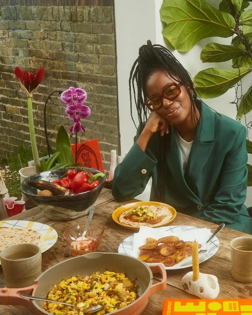 Young Black woman wearing glasses and a green blazer smiles at a table laden with various plates of plant-based foods in a bright indoor setting.