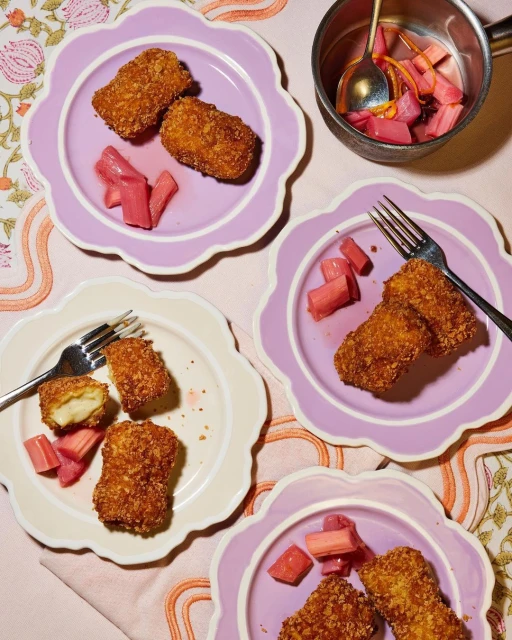 Overhead shot of four plates of golden-brown fried food, garnished with pink vegetables, set on a floral tablecloth with a metal pot.